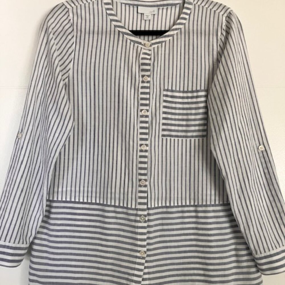 J Jill Striped Blouse with Roll Tab Sleeves Medium Petite